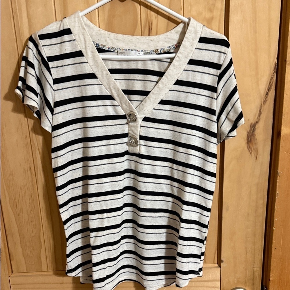 89th +MADISON Striped V-Neck Buttoned Women's Top
